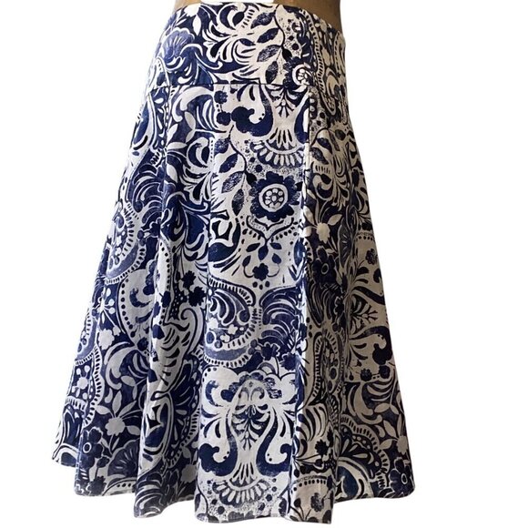 LRL Ralph Lauren Cotton Floral Flare Skirt Sz 8P Blue & White #328F - Picture 2 of 8